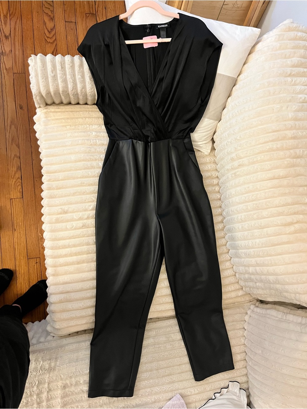 Express Black Mixed Media Faux Leather Surplice Jumpsuit Women’s Medium